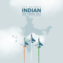 Banner With Fighter Planes Flying Over India Map Vector Illustration Of Indian Air Force Day, Observed On October 8.