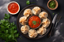 Veg Steam Momo. Nepalese Traditional Dish Momo Stuffed With Vegetables And Then Cooked And Served With Sauce Over A Rustic Wooden Background, Selective Focus