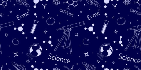 Science seamless doodle pattern. Minimalistic repeating image for printing in blue. Science and research, test tube, space, molecules, telescope, apple chemical compound, atom structure. 