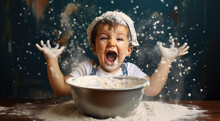 Little Boy With Mouth Open With A Big Bowl Of Flour, Joyful Moment