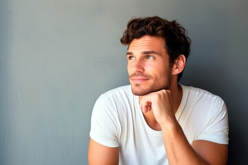 Thoughtful dreamy attractive man enjoying calm leisure time at home, looking away in deep thoughts with pensive face, dreaming, thinking over good future plan