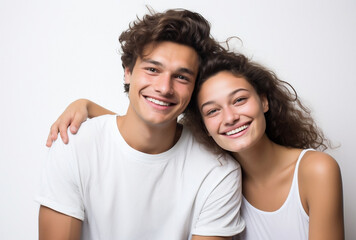 a young couple photo in studio with smiling, white background. AI Generated Images