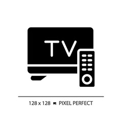 Sticker - 2D pixel perfect glyph style television set icon, isolated vector, thin line illustration representing journalism.