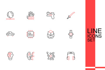 Sticker - Set line Headphones, Neural network, Humanoid robot, Smart glasses spectacles, Wrist watch, Cloud database, Processor CPU and Fantastic flying car icon. Vector