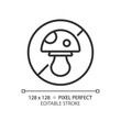 2D pixel perfect editable black mushroom free icon, isolated vector, thin line illustration representing allergen free.