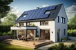 Newly constructed home in the UK with rooftop solar panels. Generative AI