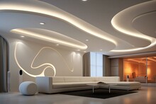 Modern Room With Intricate Stretch Ceiling, Halogen Spotlights, And Drywall Construction. Generative AI