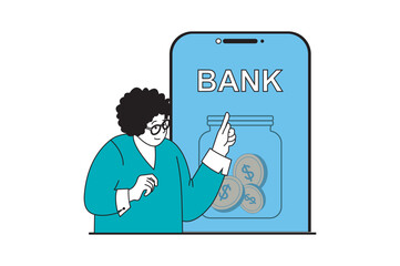 Aufkleber - Mobile banking concept with people scene in flat web design. Woman making bank deposit for saving money and earning profit in app. Vector illustration for social media banner, marketing material.