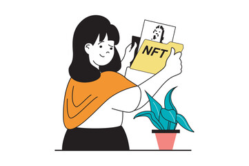 Fototapete - NFT token concept with people scene in flat web design. Woman artist selling digital picture at marketplace and earning cryptocurrency. Vector illustration for social media banner, marketing material.