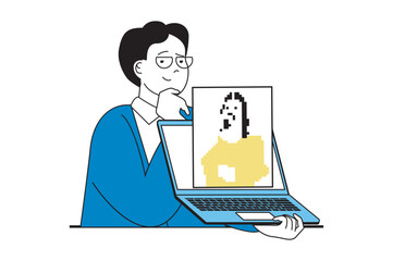 Fototapete - NFT token concept with people scene in flat web design. Man creating digital picture masterpiece and cryptocurrency at marketplace. Vector illustration for social media banner, marketing material.