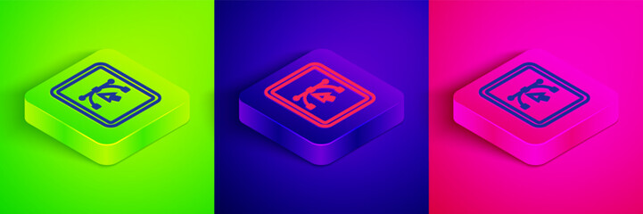 Isometric line Computer display with vector design program icon isolated on isolated on green, blue and pink background. Photo editor software with user interface. Square button. Vector