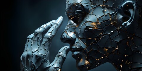 3D rendering of a female robot face in the shape of a broken glass