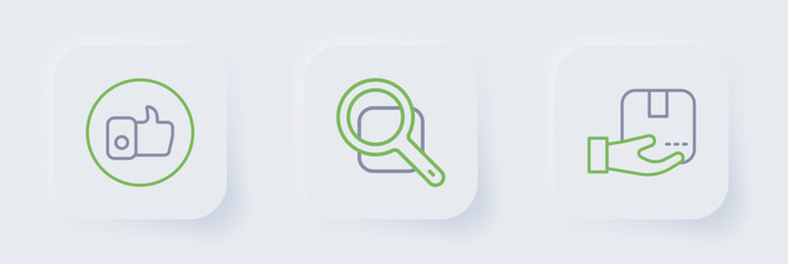 Sticker - Set line Delivery hand with box, Magnifying glass and Hand like icon. Vector