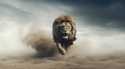 Lion running in the desert in clouds of dust