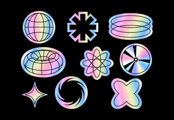 Set of holographic trendy stickers in Y2K style. Vector shapes with shiny holographic effect