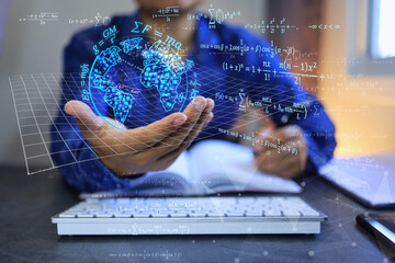 Wall Mural - student or physics scientist holding globe world to study laws of gravitational force from stars in 