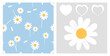 Seamless pattern with daisy flower and petals on blue background. Daisy and heart icon sign on grey background vector illustration.