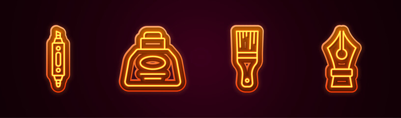 Canvas Print - Set line Marker pen, Inkwell, Paint brush and Fountain nib. Glowing neon icon. Vector