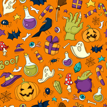 Wall Mural -  - Halloween seamless pattern with pumpkins, spooky ghosts and zombie hand, witch hat and cauldron. Textile print for autumn holiday with bat, crow and candies, vector hand drawn illustration