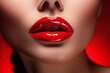 A stylish and glamorous close-up of a lady's face with glossy red lips. This retro-chic makeup look exudes elegance and sensuality for fashion and cosmetic promotions.