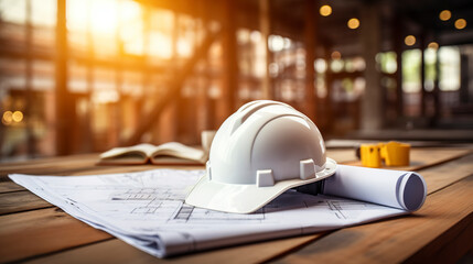 construction house. repair work. blueprints for construction and a white helmet on the background of