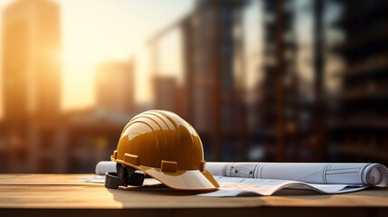 Wall Mural - Construction house. Repair work. Drawings for building and yellow helmet on the background of a construction site.