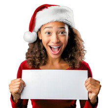 Surprised Young Black Woman In Santa Claus Costume Holds Blank White Sign