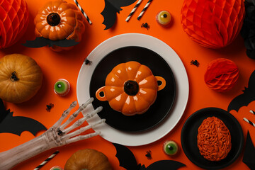 Wall Mural - Table setting for Halloween, scary decorations with pumpkins