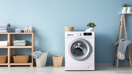 Interior of modern laundry room with washing machine, basket and towels