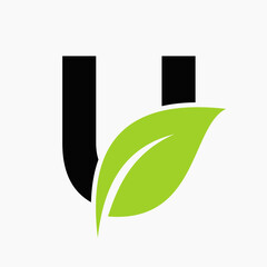 Wall Mural - Eco Leaf Logo On Letter U Concept With bio leaf icon