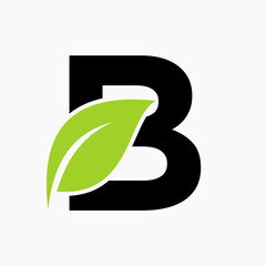 Wall Mural - Eco Leaf Logo On Letter B Concept With bio leaf icon