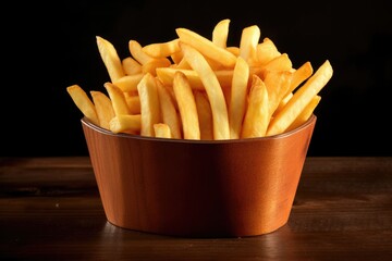 Wall Mural - Delicious french fries in wooden bowl on black background