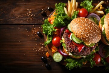 Wall Mural - Fast food on wooden background with copy spase. Top view of delicious cheeseburgers with french fries and fresh vegetables.