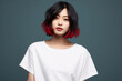 © World of AI - design mockup: beautiful Asian woman with modern short bob hair wearing white blank t-shirt on a bright background