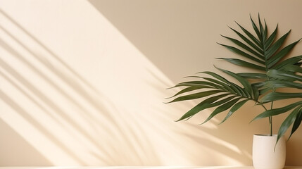 Canvas Print - decorative tropical plant against the background of a light beige wall on a sunny day. Generative Ai