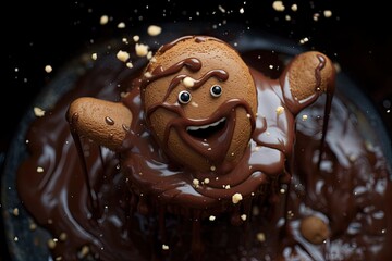 Poster - cute tasty happy gingerbread man in chocolate sauce illustration