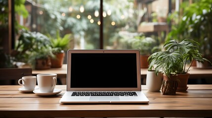 Wall Mural - Laptop blank screen and coffee cup on wooden table. Top view with copy space