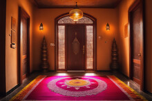 A Decorated Entrance Of A Home, With Intricate Rangoli Patterns On The Ground