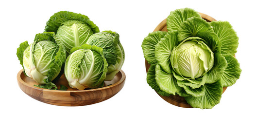 Set of Two Cabbage on wooden plate, platter isolated on transparent background.