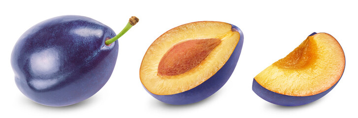 Wall Mural - plum isolated set. collection of ripe plums and plum halves on a transparent background.