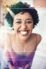 Sticker - Photo post, woman portrait and social media app overlay of influencer face and photography for web. Frame, internet and graphic with home page of profile and networking software with screen display