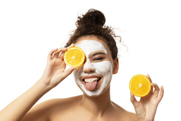 Wall Mural - PNG,attractive girl with cream on her face and oranges in her hands, isolated on white background