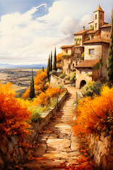 A vibrant watercolor painting of a charming Mediterranean village nestled among golden autumnal trees celebrating the bounties of the season 