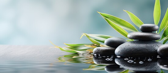 Aufkleber - Zen stones and plants with water droplets isolated pastel background Copy space
