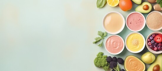 Organic and nutritious homemade baby food isolated pastel background Copy space