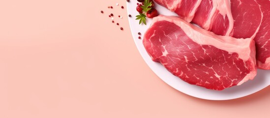 Poster - Sliced raw meat isolated pastel background Copy space plate