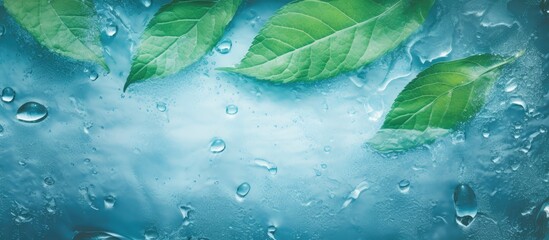 Fototapete - Melting ice with water droplets in a leaf structure isolated pastel background Copy space