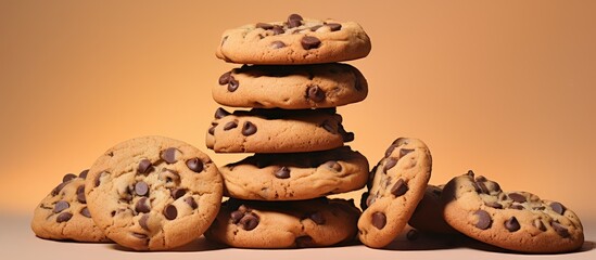 Poster - Stacked chocolate chip cookies against a isolated pastel background Copy space
