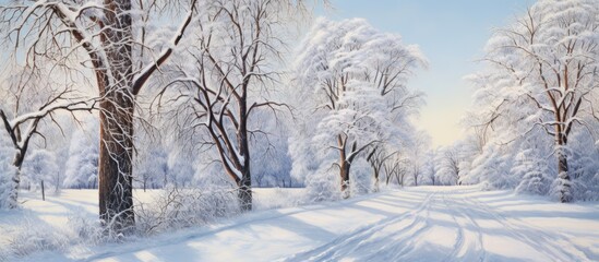 Fototapete - Winter in the countryside with snowy trees isolated pastel background Copy space