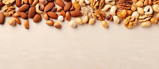 Wall Mural - Nuts arranged on a isolated pastel background Copy space From above